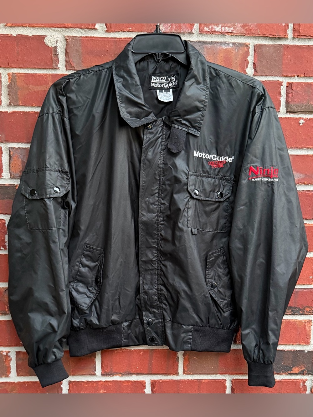 Vintage 1990s Zebco MotorGuide Stealth Full Zip L Nylon Black Bomber Jacket P5